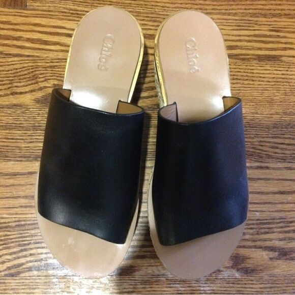 CHLOE Black Leather Platform Wedge Slide Sandals - Picture 5 of 10